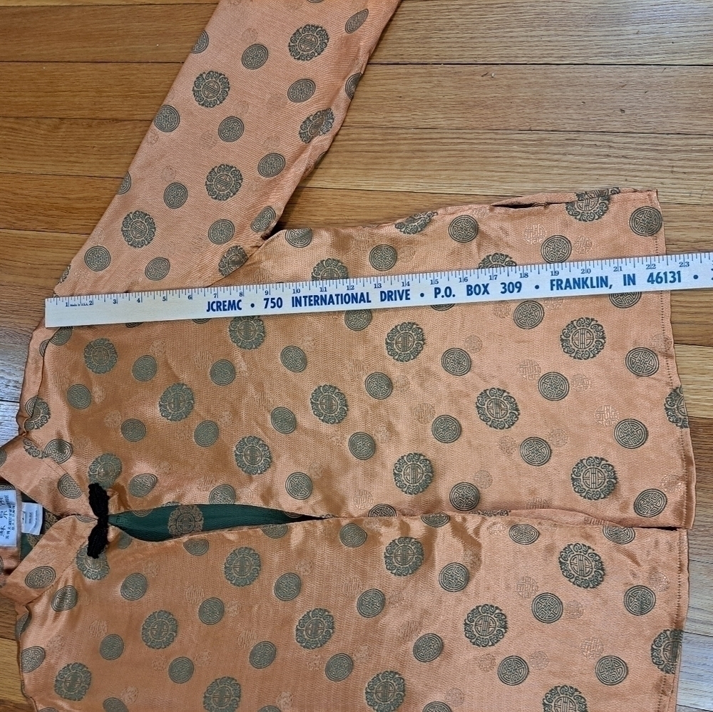 Vtg Silk Large Orange Metalic Green Medallion Open Front Jacket Kimono Asian Nic - Picture 6 of 10